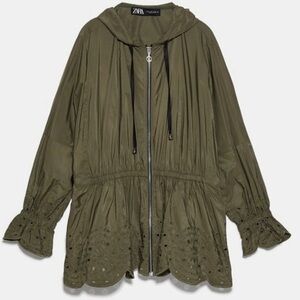 Zara Olive Green Eyelet Embroidered Oversize Hooded Windbreaker Jacket XS